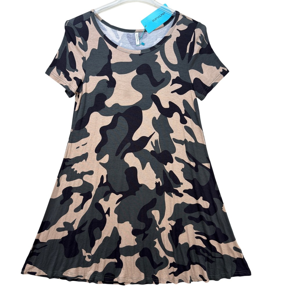 NWT POPYOUNG Camo T-Shirt Dress Women L Knee Length Casual Lounge Soft